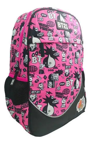Mochila de Costas Escolar BT21 Bangtan Kpop BTS Menina Korea Oficial Rosa - Clio Megalomania