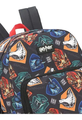 Mochila de Costas Bolsa Escolar Harry Potter com Brasão de Grifinória Sonserina Luffa Luffa Corvinal Hogwarts Warner Bro Megalomania