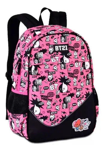 Mochila de Costas Escolar BT21 Bangtan Kpop BTS Menina Korea Oficial Rosa - Clio Megalomania