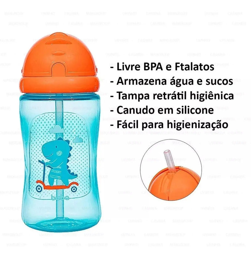 Copo Garrafa Infantil De Água Com Canudo Retrátil Silicone Buba Megalomania