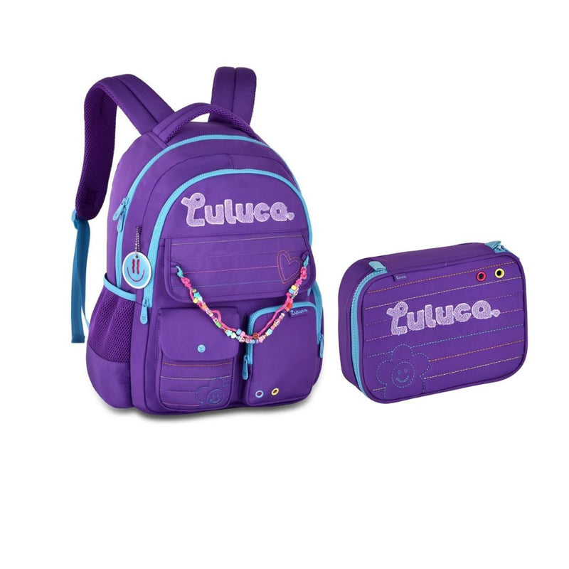 Kit Mochila de Costas Luluca Estojo box Escolar Roxo Juvenil Aulas Original