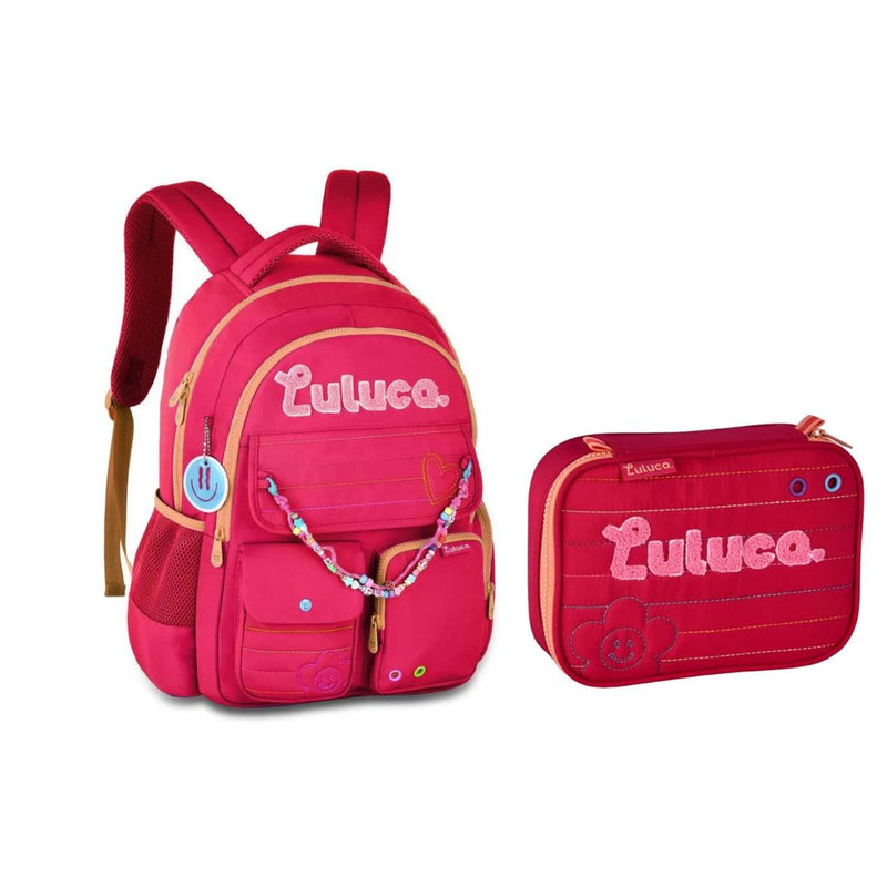 Kit Mochila de Costas Luluca Estojo box Aulas Escolar Rosa Juvenil Original