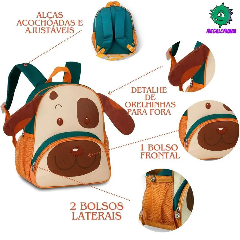 Kit Mochila de Carrinho Laranja Bolsa Mala Lancheira Térmica Duas Alças Escolar Infantil Clio Megalomania