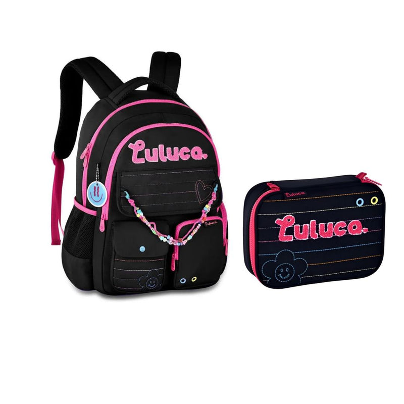 KIT MOCHILA DE COSTAS LULUCA PRETO LU24611 + ESTOJO BOX LULUCA PRETO LU24612