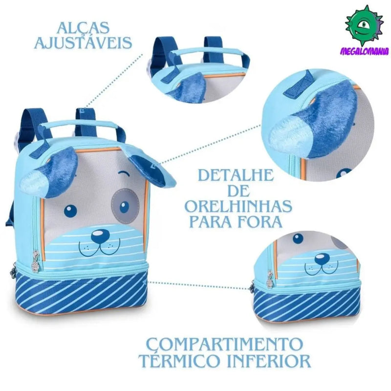Kit Mochila de Costas Cachorrinho Azul Bolsa Mala Lancheira Térmica Duas Alças Infantil MAsculino Escolar Lanchinho Clio Megalomania