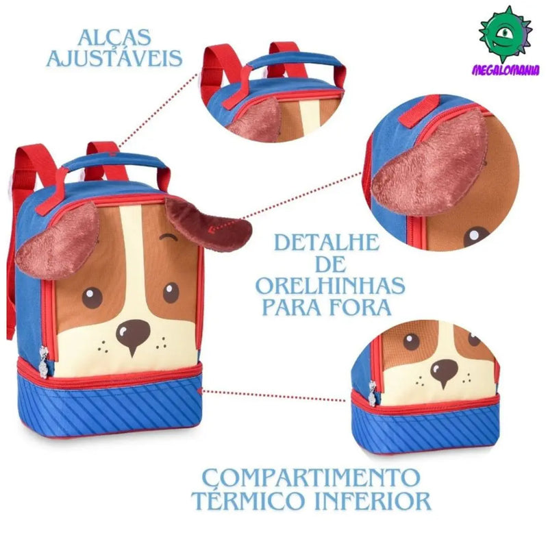 Kit Mochila de Costas Cachorrinho Laranja Lancheira Térmica Duas Alças Escolar Infantil Clio Megalomania