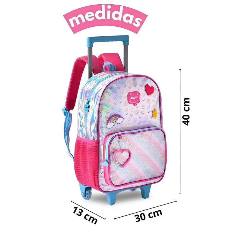 Kit Mochila Carrinho Holográfica Lancheira Térmica Juvenil Lanche Feminina Rosa Meninas Clio Megalomania