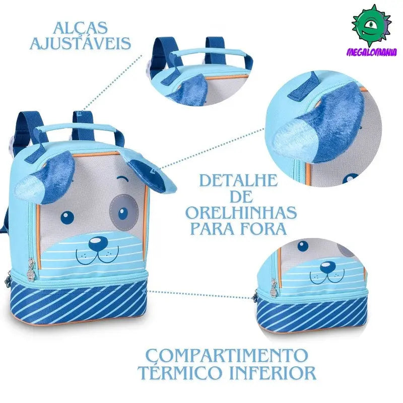 Lancheira Térmica Cachorro Azul Vermelha Laranja Escolar Lanchinho Infantil Clio Megalomania