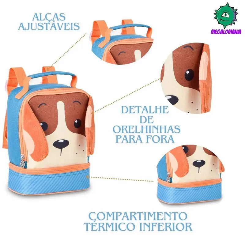 Lancheira Térmica Cachorro Azul Vermelha Laranja Escolar Lanchinho Infantil Clio Megalomania