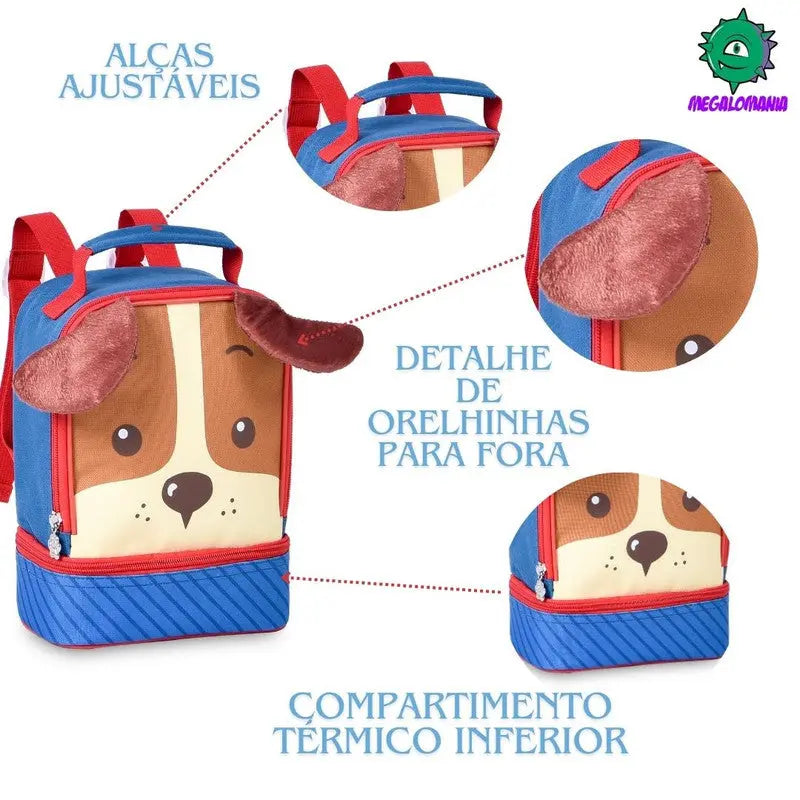 Lancheira Térmica Cachorro Azul Vermelha Laranja Escolar Lanchinho Infantil Clio Megalomania