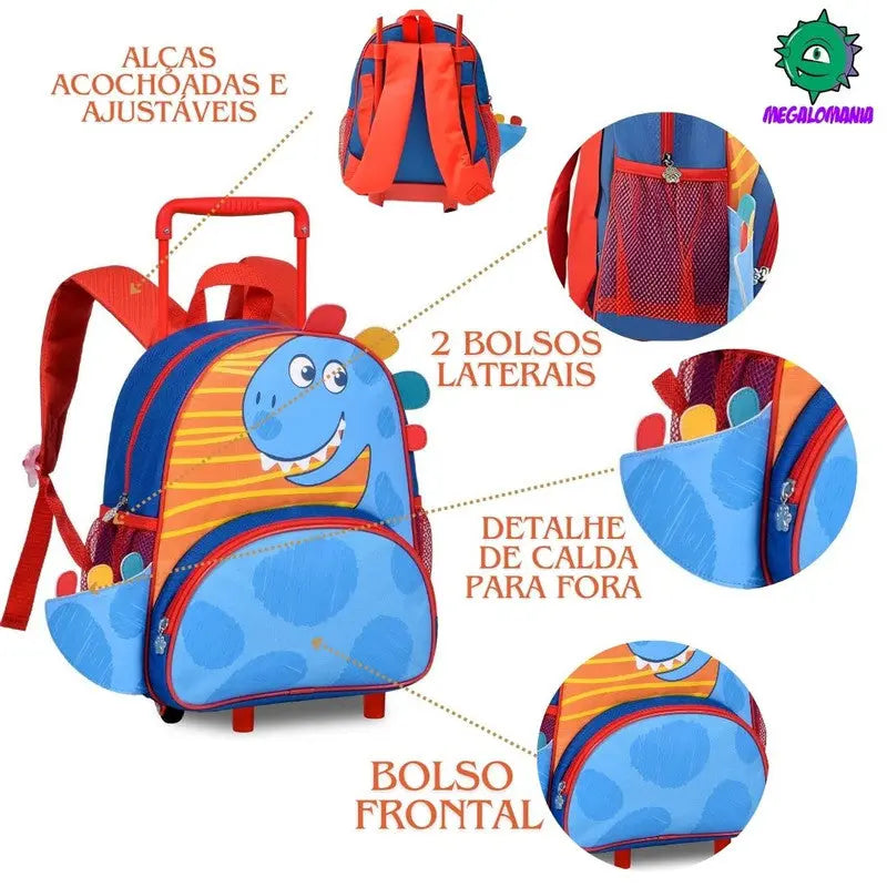Mochila De Carrinho Mala Bolsa Dinossauro Escolar Aulas Creche Infantil Menino Clio Megalomania