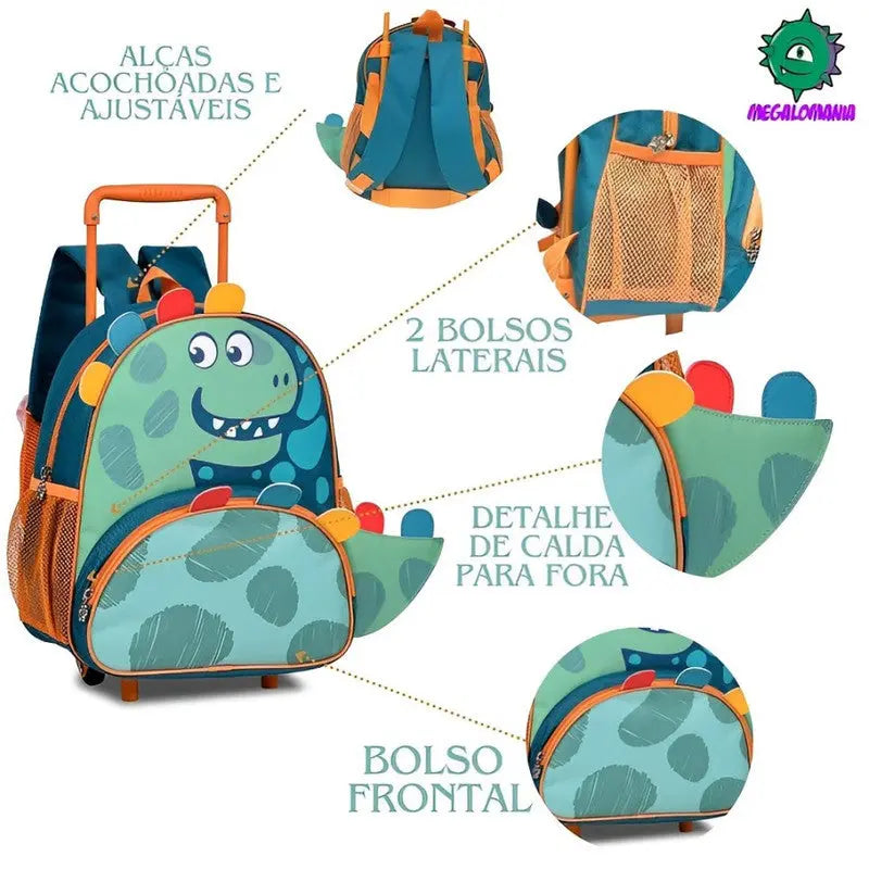 Mochila De Carrinho Mala Bolsa Dinossauro Escolar Aulas Creche Infantil Menino Clio Megalomania