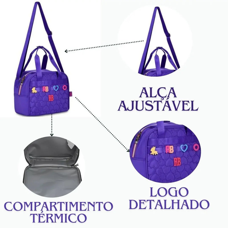 Kit Mochila Costas Rebecca Bonbon Roxo Lancheira Térmica Estojo Box Juvenil Escolar Feminino Chaveiro Clio Megalomania