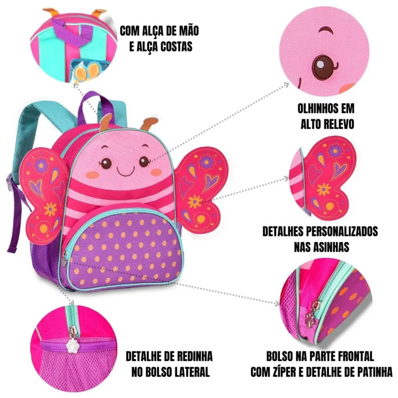 Kit Mochila de Costas Mala Bolsa Lancheira Térmica Infantil Menina Borboleta Rosa Criança Pets Clio Megalomania
