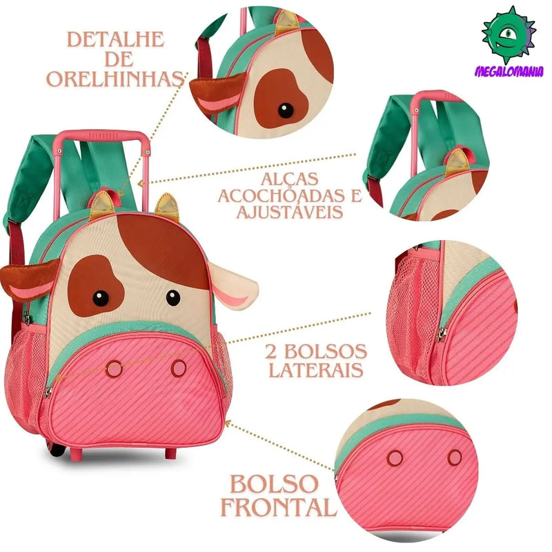 Mochila de Carrinho Rodinha Bolsa Infantil Menina Escolar Volta Aulas Pets Gato Girafa Vaca Clio Megalomania
