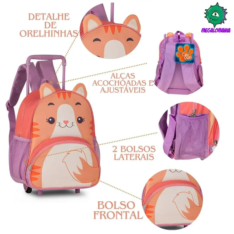 Mochila de Carrinho Rodinha Bolsa Infantil Menina Escolar Volta Aulas Pets Gato Girafa Vaca Clio Megalomania