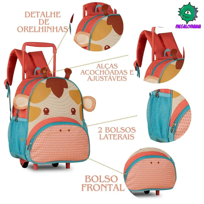 Mochila de Carrinho Rodinha Bolsa Infantil Menina Escolar Volta Aulas Pets Gato Girafa Vaca Clio Megalomania