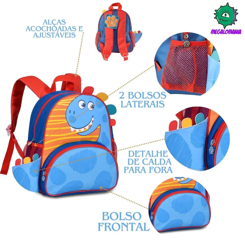 Mochila de Costas Bolsa Mala Dinossauro Menino Infantil Bebê Criança Verde Escolar Azul Clio Megalomania