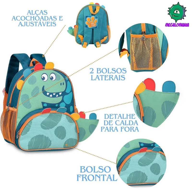Mochila de Costas Bolsa Mala Dinossauro Menino Infantil Bebê Criança Verde Escolar Azul Clio Megalomania