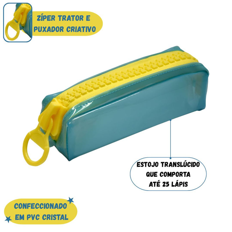 Estojo Simples Escolar PVC Cristal Color Neon Volta as Aulas Unissex Juvenil