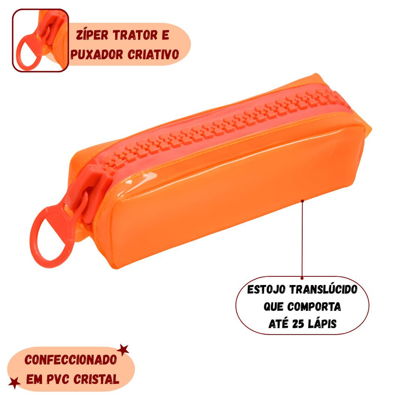 Estojo Simples Escolar PVC Cristal Color Neon Volta as Aulas Unissex Juvenil