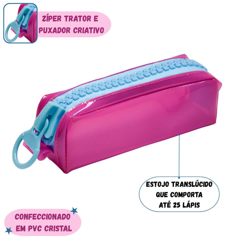 Estojo Simples Escolar PVC Cristal Color Neon Volta as Aulas Unissex Juvenil