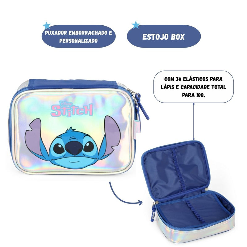Estojo Box Stitch Holográfico Prata Infantil Escolar Juvenil Original Grande 100 Lápis Volta Aulas