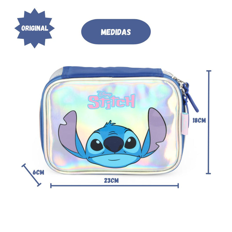 Estojo Box Stitch Holográfico Prata Infantil Escolar Juvenil Original Grande 100 Lápis Volta Aulas