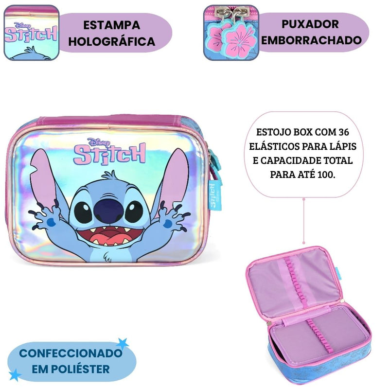 Estojo Box Holográfico Stitch Disney Escolar 36 Elásticos 100 Pens Volta Aulas Meninas Organizador Ponto Criativo