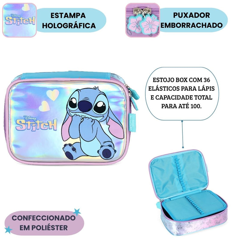 Estojo Box Holográfico Stitch Disney Escolar 36 Elásticos 100 Pens Volta Aulas Meninas Organizador Ponto Criativo