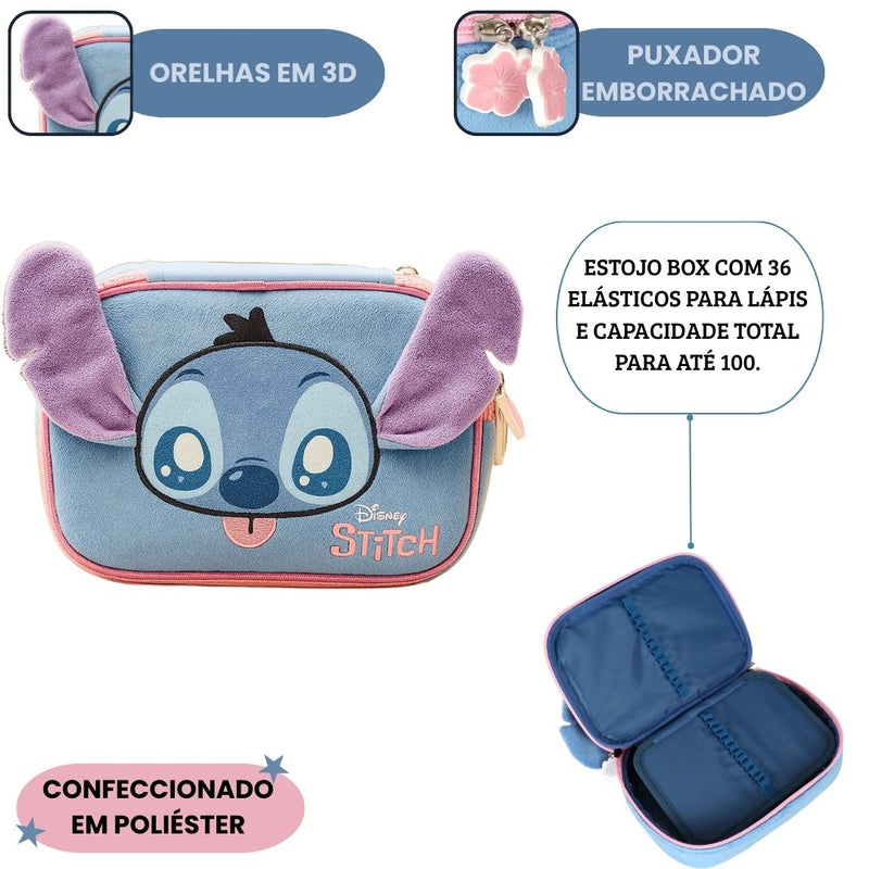 Estojo Box 3D Stitch Disney Escolar 36 Elásticos 100 Pens Volta Aulas Meninas Peluciado Organizador Ponto Criativo