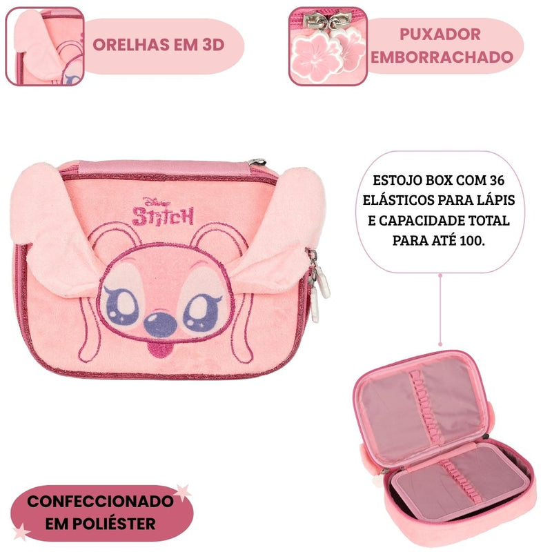Estojo Box 3D Stitch Disney Escolar 36 Elásticos 100 Pens Volta Aulas Meninas Peluciado Organizador Ponto Criativo