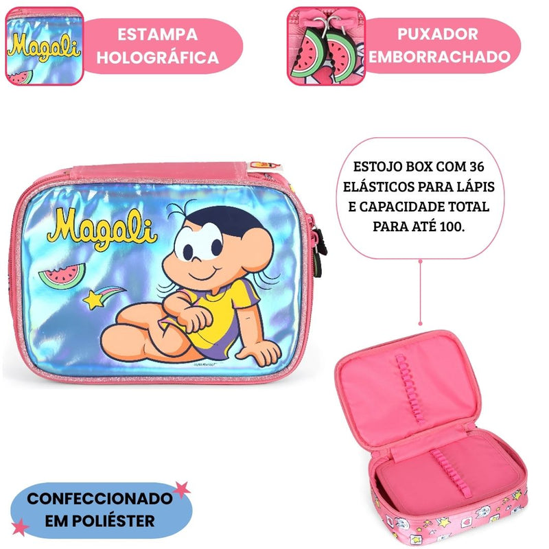 Estojo Box Turma Da Mônica Magali Holográfico 36 Elástico 100 Pens Volta ás Aulas Infantil Escolar Ponto Criativo