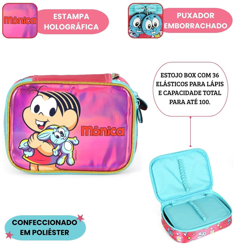 Estojo Box Turma Da Mônica Magali Holográfico 36 Elástico 100 Pens Volta ás Aulas Infantil Escolar Ponto Criativo