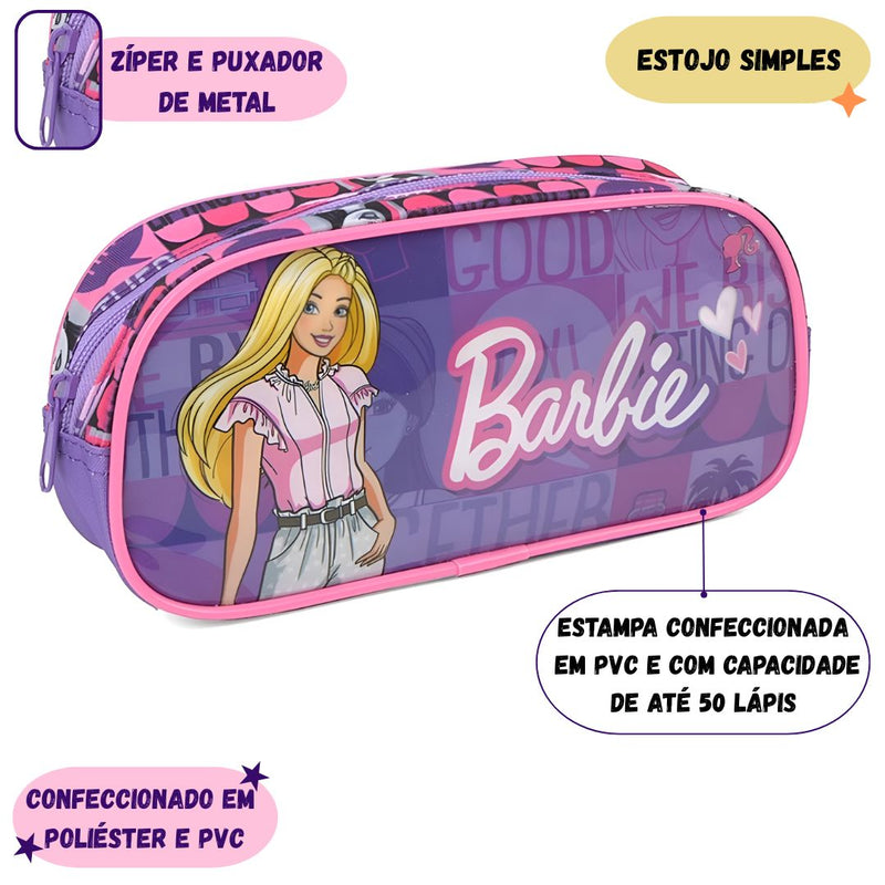 Estojo SImples Barbie Menina Infantil 50 Pens Volta as Aulas Matell Escolar Organizador Ponto Criativo
