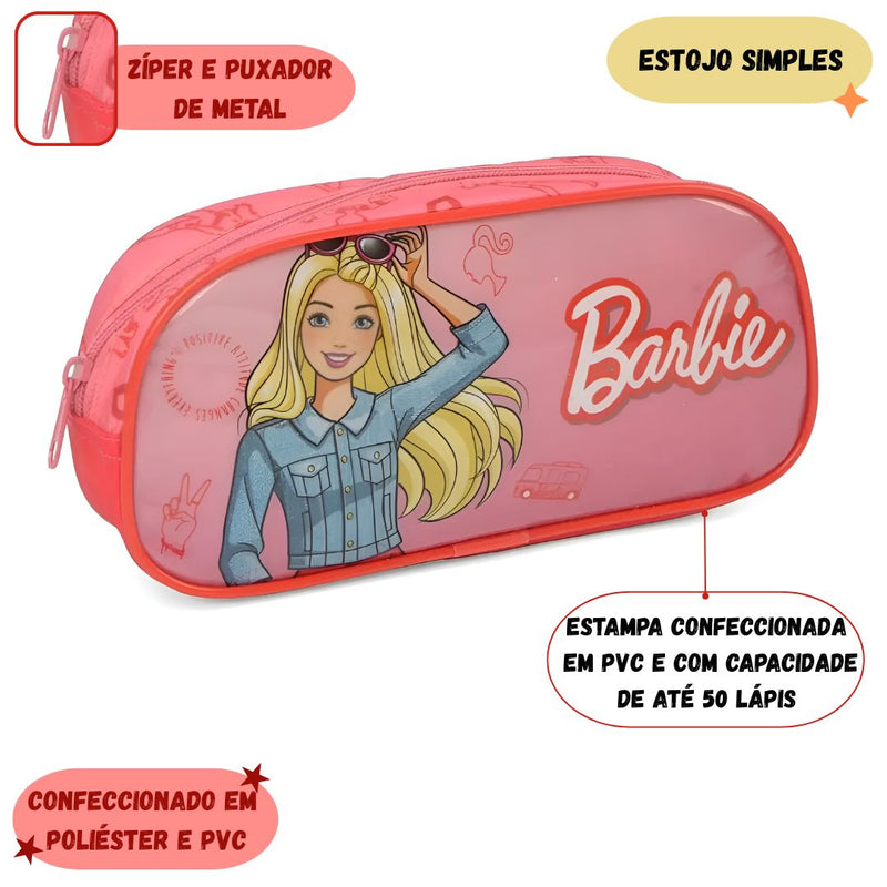 Estojo SImples Barbie Menina Infantil 50 Pens Volta as Aulas Matell Escolar Organizador Ponto Criativo