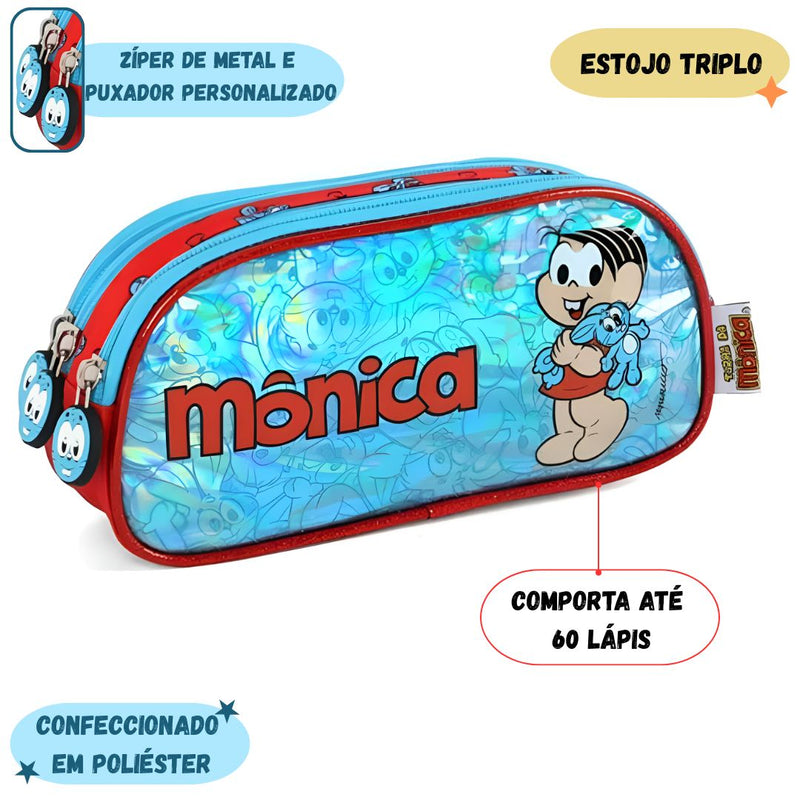 Estojo Triplo Escolar Infantil Turma da Mônica Espaçoso Azul Menina Volta às Aulas 60 Pens