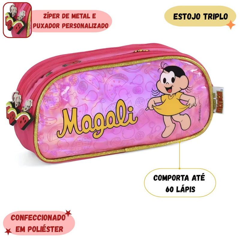 Estojo Triplo Escolar Magali Turma da Mônica Infantil 60 Pens Espaçoso Crianças Meninas Zíper