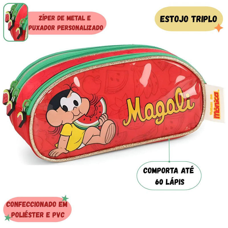 Estojo Triplo Magali Infantil Escolar Turma da Mônica Volta às Aulas Estudo Moderno 60 Pens Espaçoso