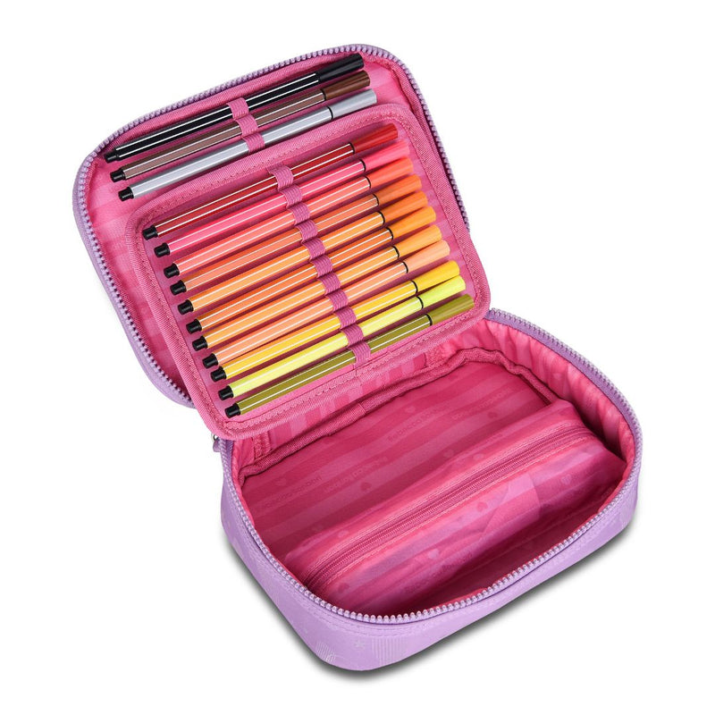 Estojo Box Holográfico Rebecca Bonbon Preto Lilás Rosa Escolar Juvenil Meninas Clio