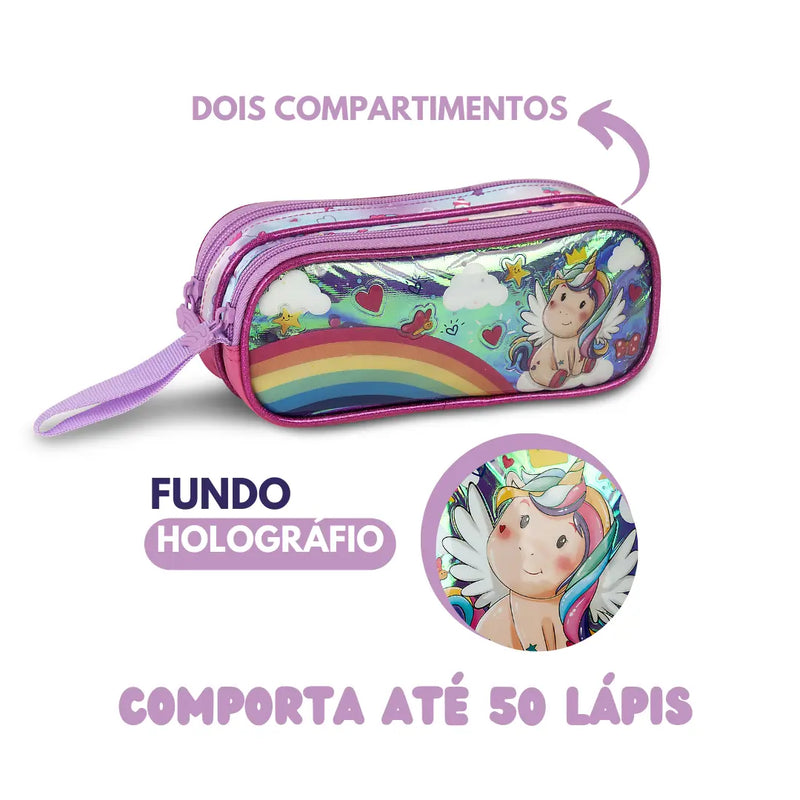 Estojo Duplo de Unicórnio Holográfico Escolar Infantil Material Menina Rosa - Clio Megalomania