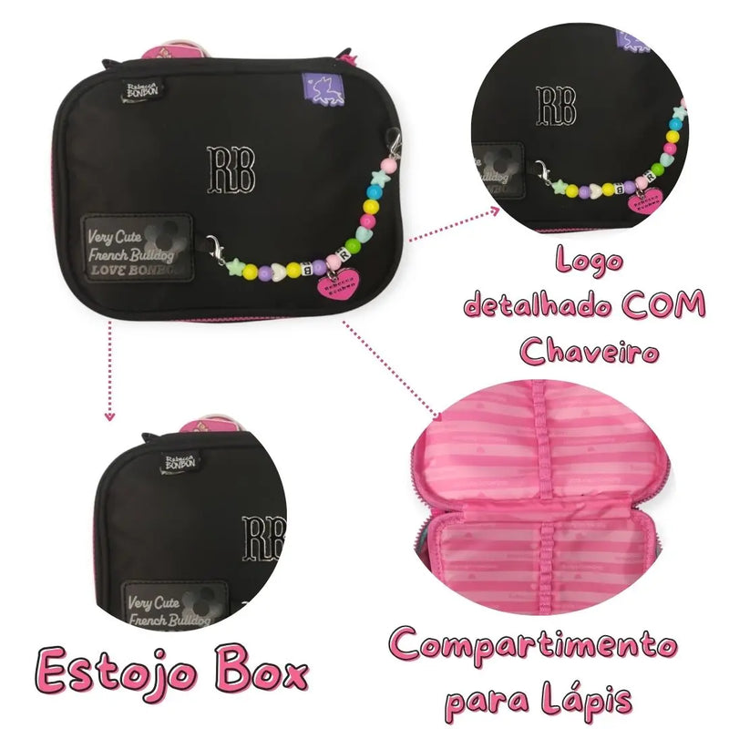 Estojo Box Rebecca Bonbon Miçangas Verde Claro Rosa Preto Roxo Juvenil Lápis Escolar Chaveiro Meninas Feminino Clio Megalomania