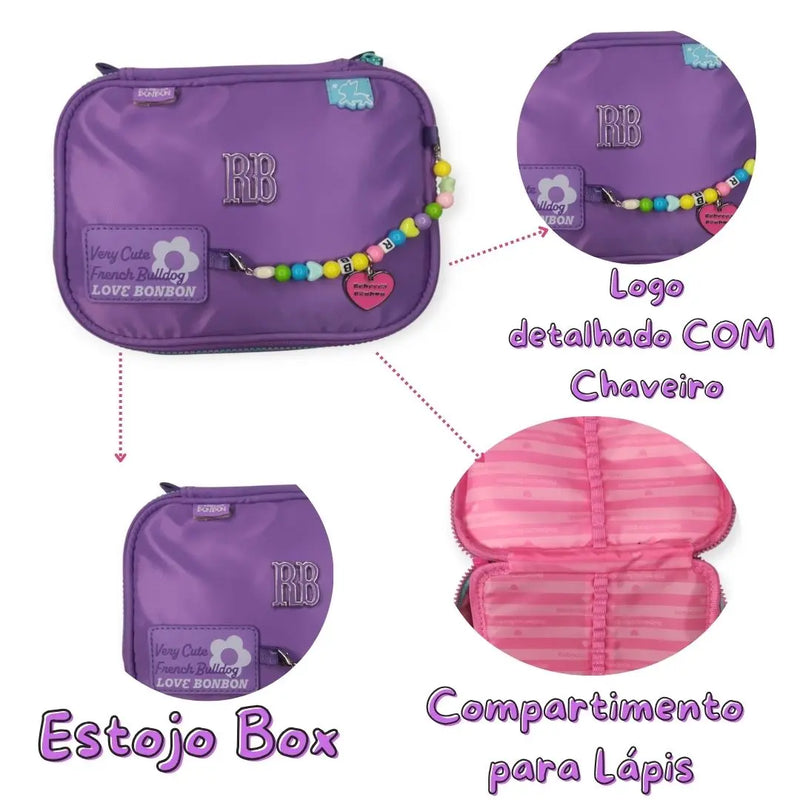 Estojo Box Rebecca Bonbon Miçangas Verde Claro Rosa Preto Roxo Juvenil Lápis Escolar Chaveiro Meninas Feminino Clio Megalomania
