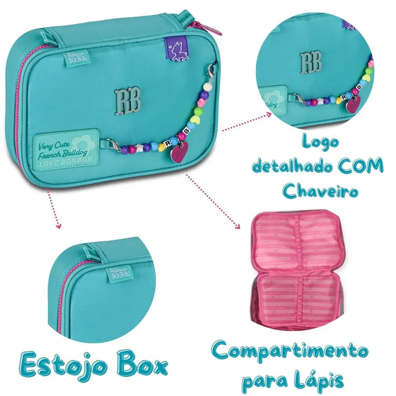 Estojo Box Rebecca Bonbon Miçangas Verde Claro Rosa Preto Roxo Juvenil Lápis Escolar Chaveiro Meninas Feminino Clio Megalomania