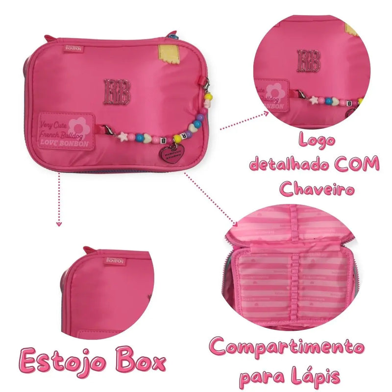 Estojo Box Rebecca Bonbon Miçangas Verde Claro Rosa Preto Roxo Juvenil Lápis Escolar Chaveiro Meninas Feminino Clio Megalomania