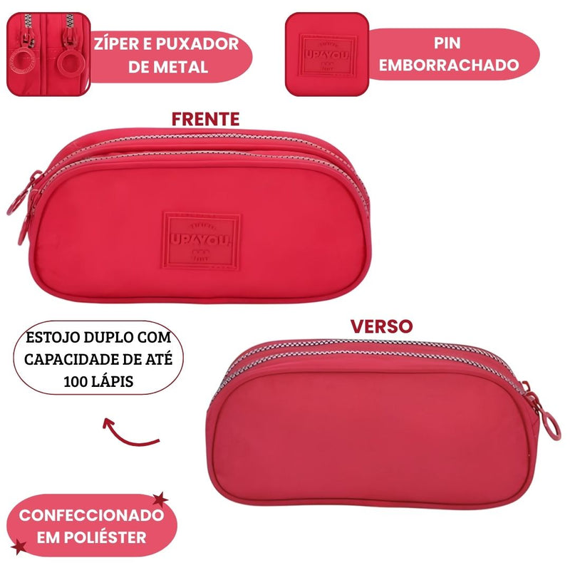Estojo Duplo 100 Pens Luxcel Juvenil Rosa Escolar Up4you Organizador Volta Aulas
