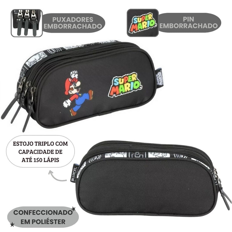 Estojo Triplo Escolar Super Mario Juvenil 100 Pens Espaçoso Volta às Aulas Nintendo Estudo Game Ponto Criativo