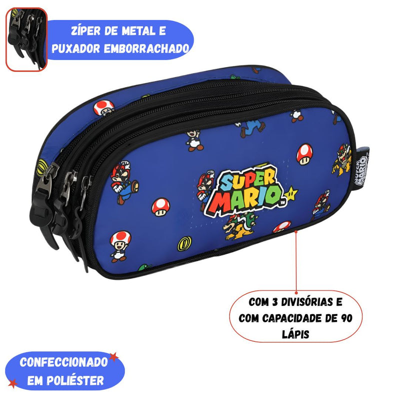 Estojo Triplo Escolar Super Mario Infantil 90 Pens Espaçoso Volta às Aulas Nintendo Estudo Moderno
