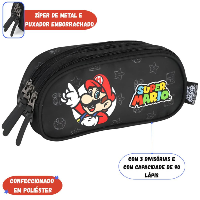 Estojo Triplo Escolar Super Mario Infantil 90 Pens Espaçoso Volta às Aulas Nintendo Estudo Moderno