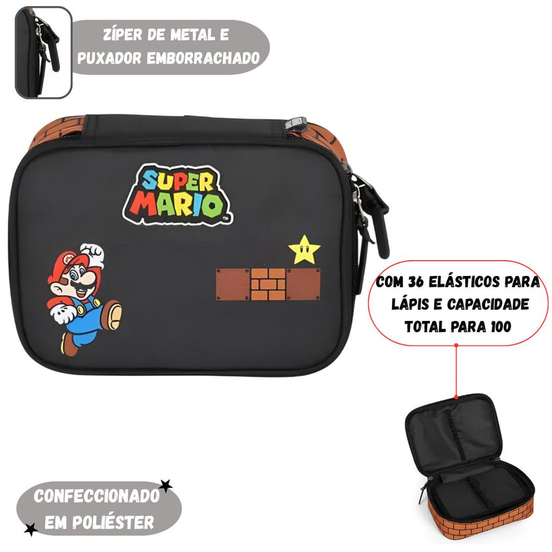 Estojo Box Escolar Super Mario Grande Juvenil Elástico 100 Pens Menino Nintendo Volta às Aulas Jogo